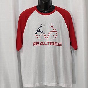 New RealTree Men's White Red Sleeve Americana Logo Baseball Tee Size L .